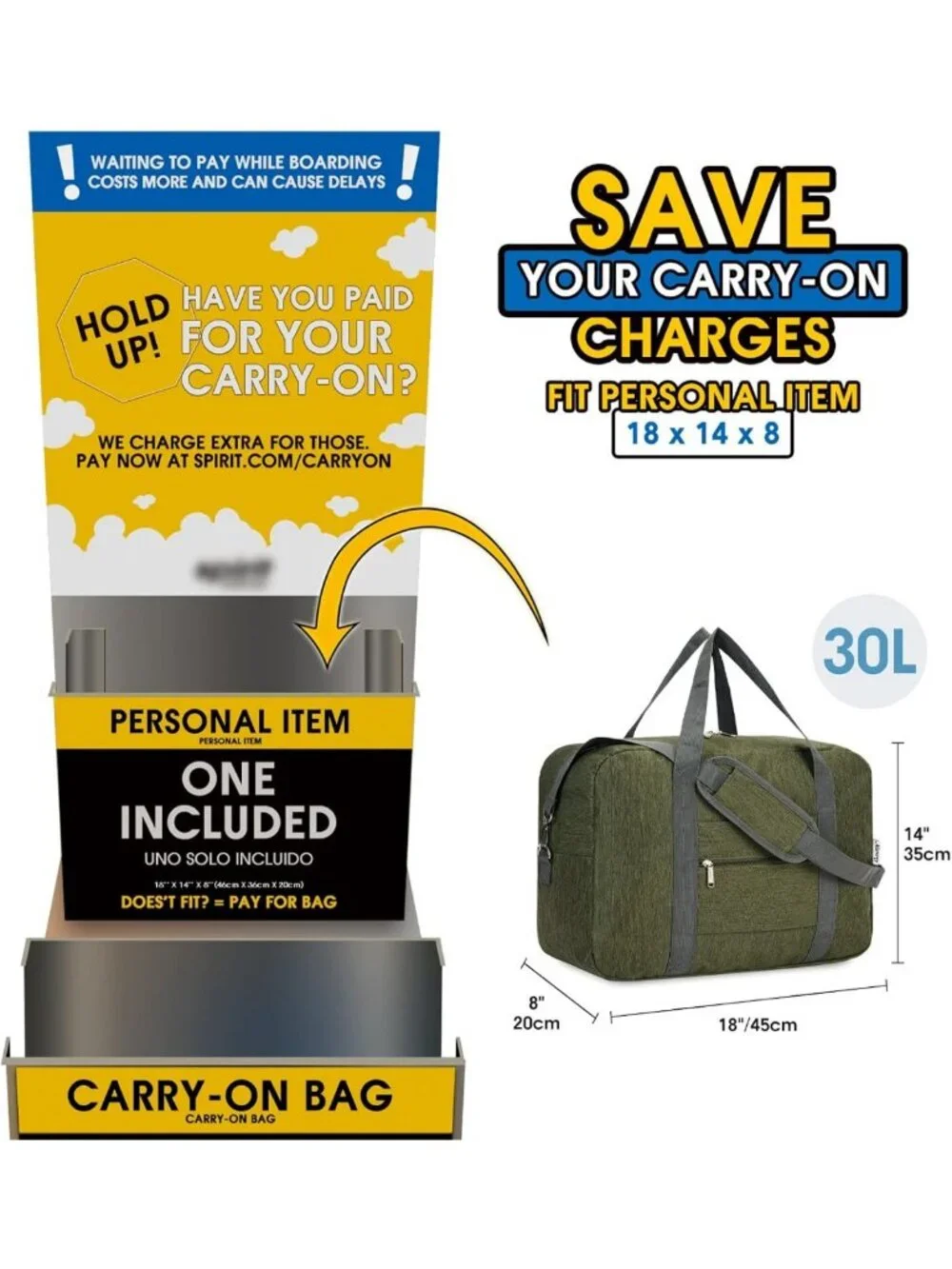 Foldable Travel Duffel Bag 30L Tote for Personal Item, Carry-On Luggage, Army